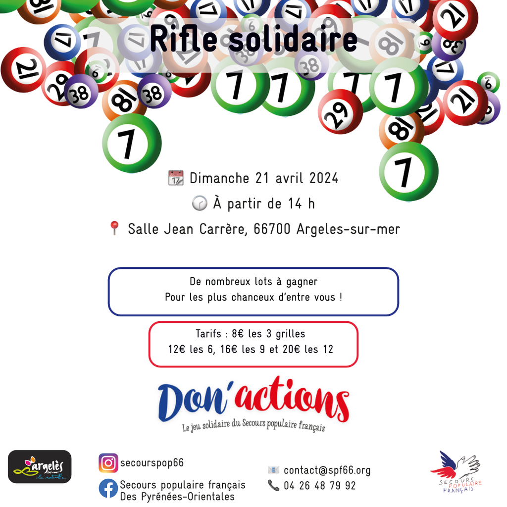 Image d'accompagnement, ayant pour but d'illustré le texte.
On peut y retrouver les informations importantes telles que la date, le lieu et l'heure de la rifle solidaire.