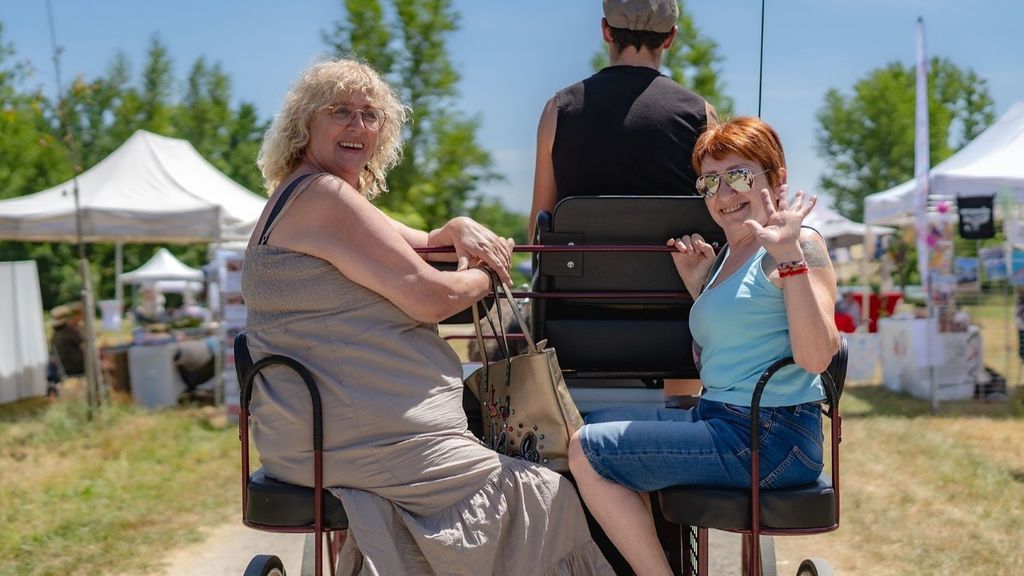 Véronique et Sylvie font un tour en carriole tirée par un âne