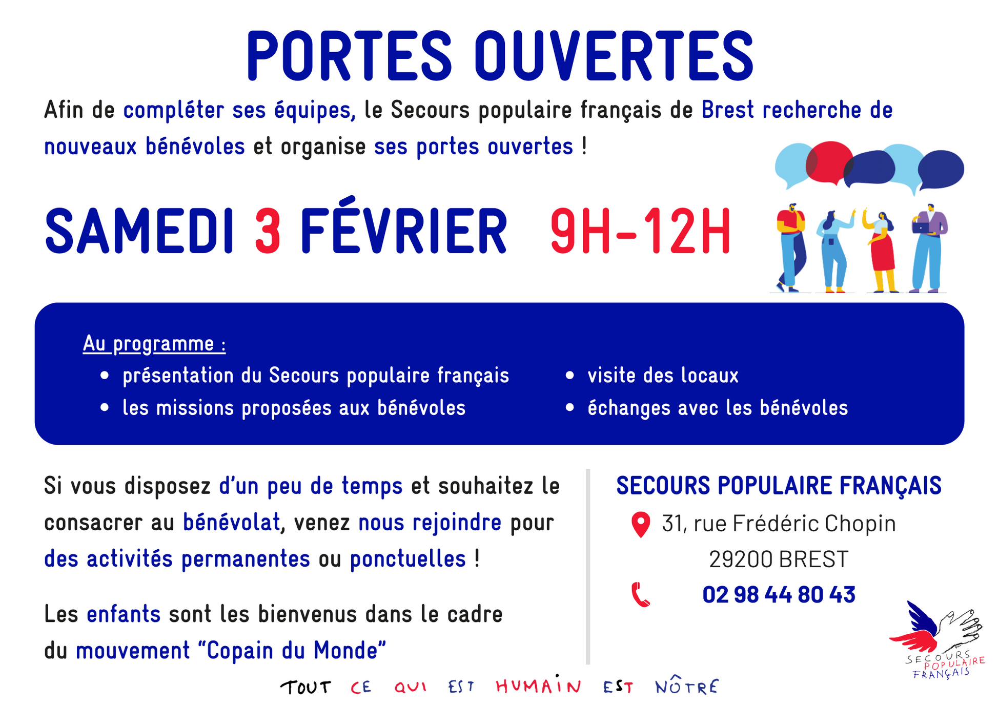 Portes ouvertes Secours populaire français, le samedi 3 février 2024 de 9h à 12h au 31, rue Frédéric Chopin 29200 BREST.