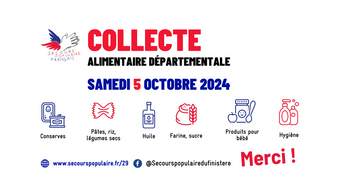 Affiche collecte alimentaire départementale organisée par le Secours populaire du Finistère le samedi 5 octobre 2024.