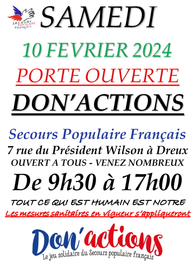 affiche porte ouverte du Secours populaire 10 février 2024 de 9h30 à 17h00 au 7 rue du Président Wilson à Dreux