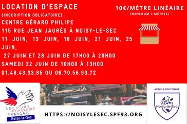 Annonce de la brocante du Secours populaire de Noisy-le-Sec le dimanche 30 juin